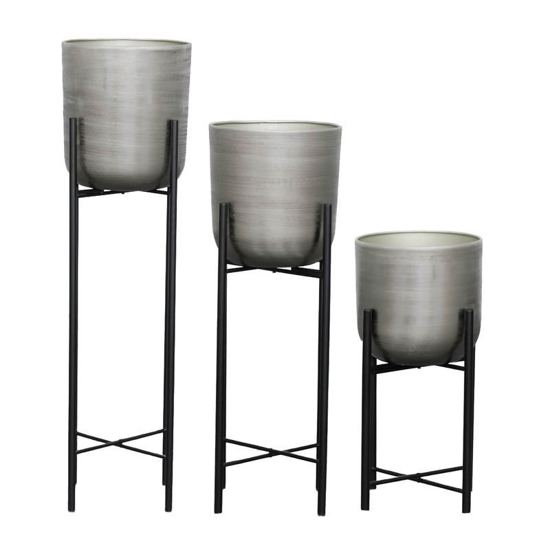 S/3 METAL PLANTERS ON STAND 40/30/20H, SILVER