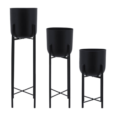 S/3 METAL PLANTERS ON STAND 40/30/20H, BLACK