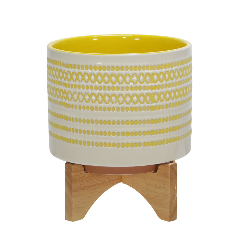 CERAMIC 8 PLANTER ON STAND W/ DOTS, YELLOW