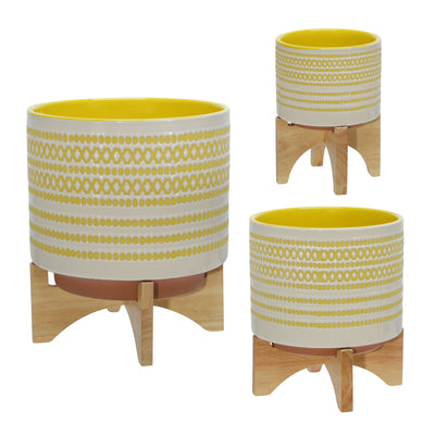 CERAMIC 8 PLANTER ON STAND W/ DOTS, YELLOW