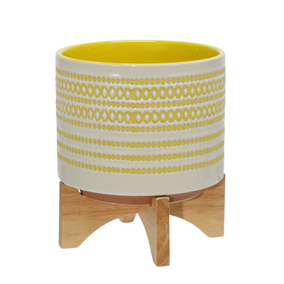 CERAMIC 8 PLANTER ON STAND W/ DOTS, YELLOW