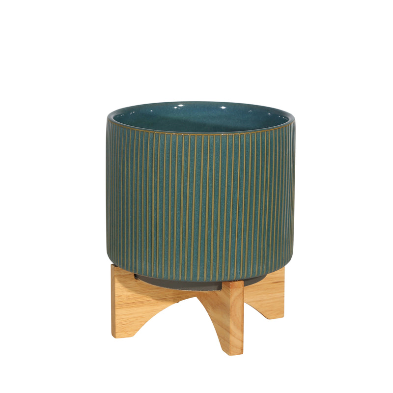 CERAMIC 8 PLANTER ON STAND, REACTIVE GREEN