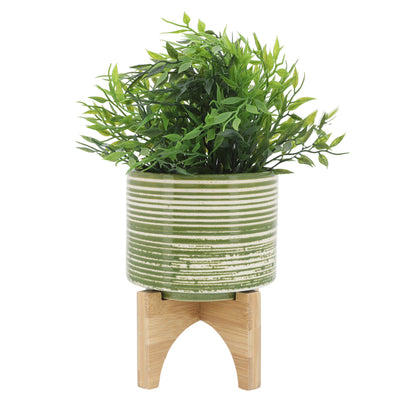 CERAMIC 5  PLANTER ON WOODEN STAND, OLIVE