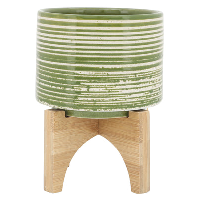 CERAMIC 5  PLANTER ON WOODEN STAND, OLIVE