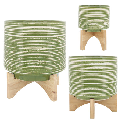 CERAMIC 5  PLANTER ON WOODEN STAND, OLIVE