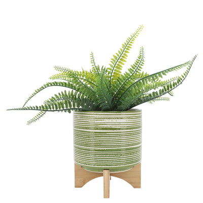 CERAMIC 8  PLANTER ON WOODEN STAND, OLIVE