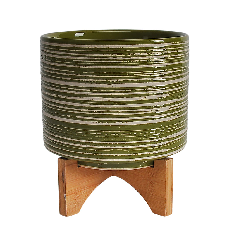 CERAMIC 8  PLANTER ON WOODEN STAND, OLIVE