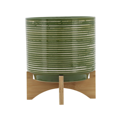 CERAMIC 10 PLANTER ON WOODEN STAND, OLIVE