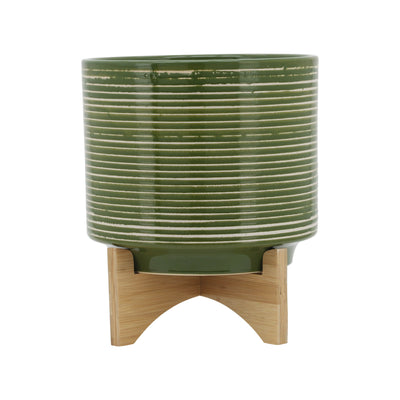 CERAMIC 10 PLANTER ON WOODEN STAND, OLIVE