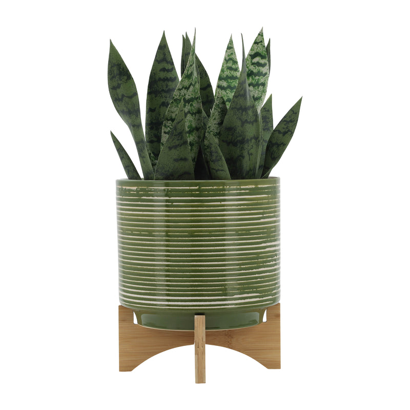 CERAMIC 10 PLANTER ON WOODEN STAND, OLIVE