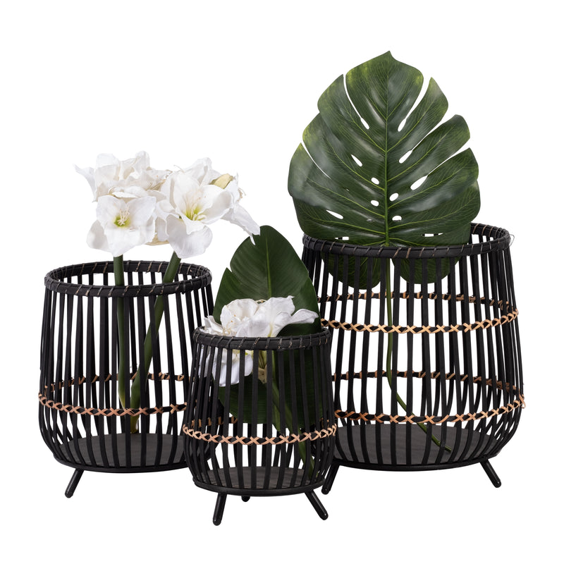 S/3 BAMBOO FOOTED PLANTERS 17/14/10, BLACK