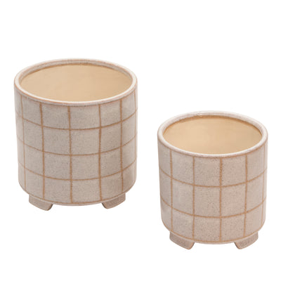 S/2 CERAMIC FOOTED PLANTER, BEIGE