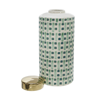 CERAMIC 13 JAR WITH GOLD LID, GREEN/WHITE