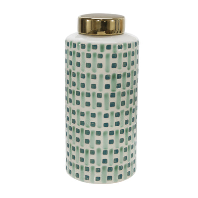 CERAMIC 13 JAR WITH GOLD LID, GREEN/WHITE