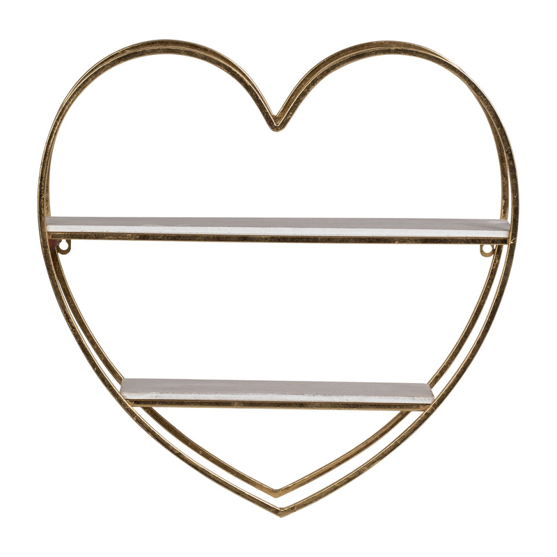 METAL/WOOD 2 TIER HEART WALL SHELF, WHITE/GOLD