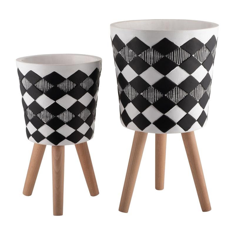 S/2 10/12 Diamond Planter W/ Wood Legs, Black(Kd)