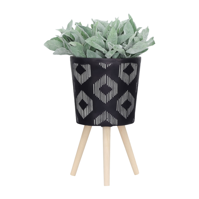 S/2 10/12 Diamond Planter W/ Wood Legs, Black Kd