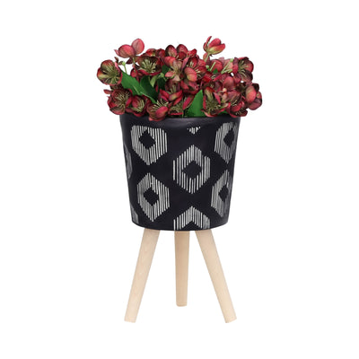 S/2 10/12 Diamond Planter W/ Wood Legs, Black Kd