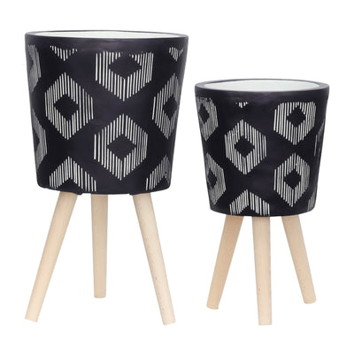 S/2 10/12 Diamond Planter W/ Wood Legs, Black Kd