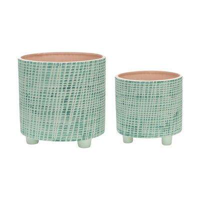 S/2  CHECKERED FOOTED PLANTER 6/8, GREEN