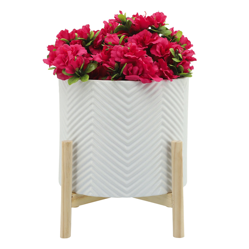 12 CERAMIC CHEVRON PLANTER W/ WOOD STAND, WHITE