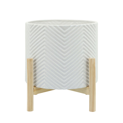 12 CERAMIC CHEVRON PLANTER W/ WOOD STAND, WHITE