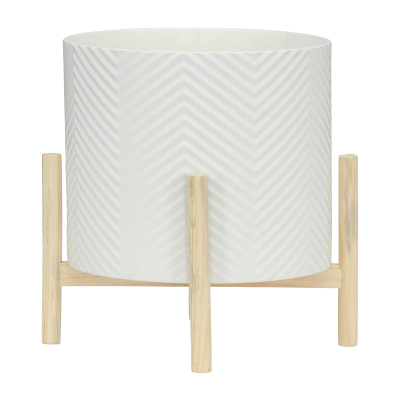 12 CERAMIC CHEVRON PLANTER W/ WOOD STAND, WHITE