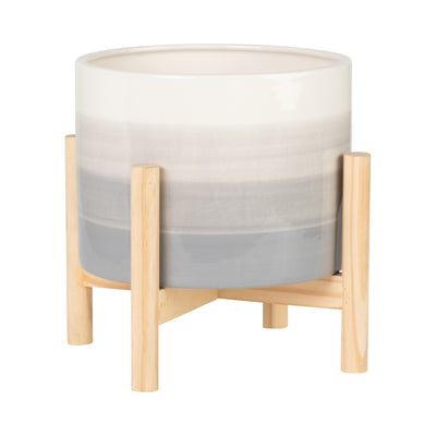 8 CERAMIC PLANTER W/ WOOD STAND, BEIGE MIX