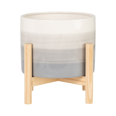 8 CERAMIC PLANTER W/ WOOD STAND, BEIGE MIX