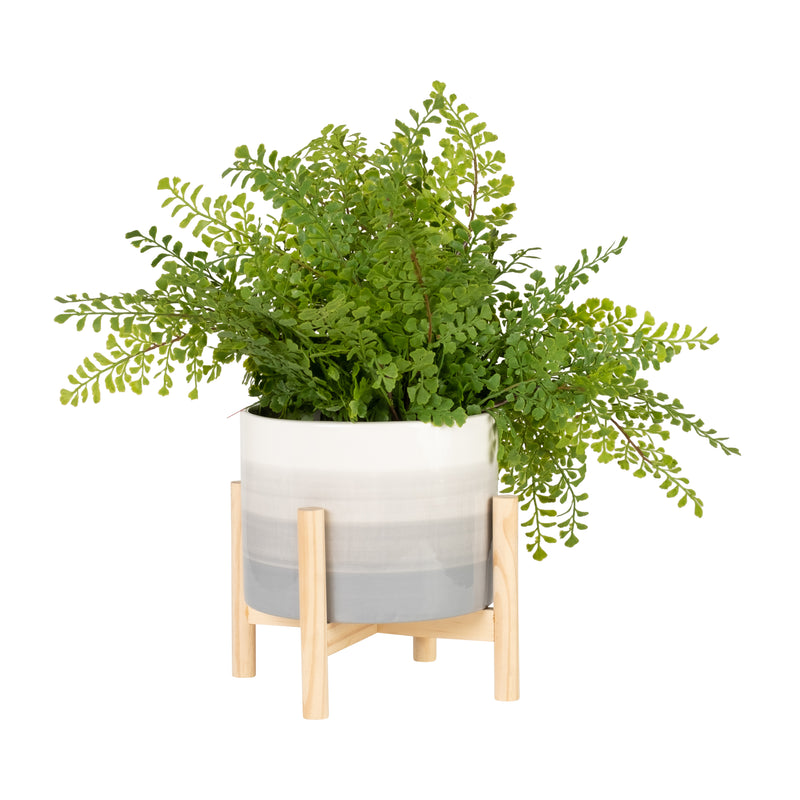 8 CERAMIC PLANTER W/ WOOD STAND, BEIGE MIX