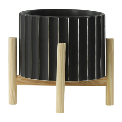 12 CERAMIC FLUTED PLANTER W/ WOOD STAND, BLACK