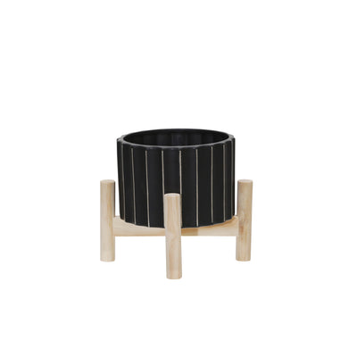 6 CERAMIC FLUTED PLANTER W/ WOOD STAND, BLACK