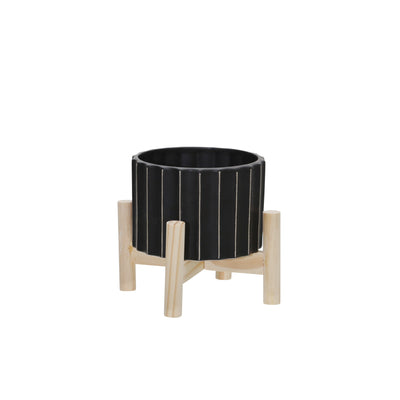 6 CERAMIC FLUTED PLANTER W/ WOOD STAND, BLACK