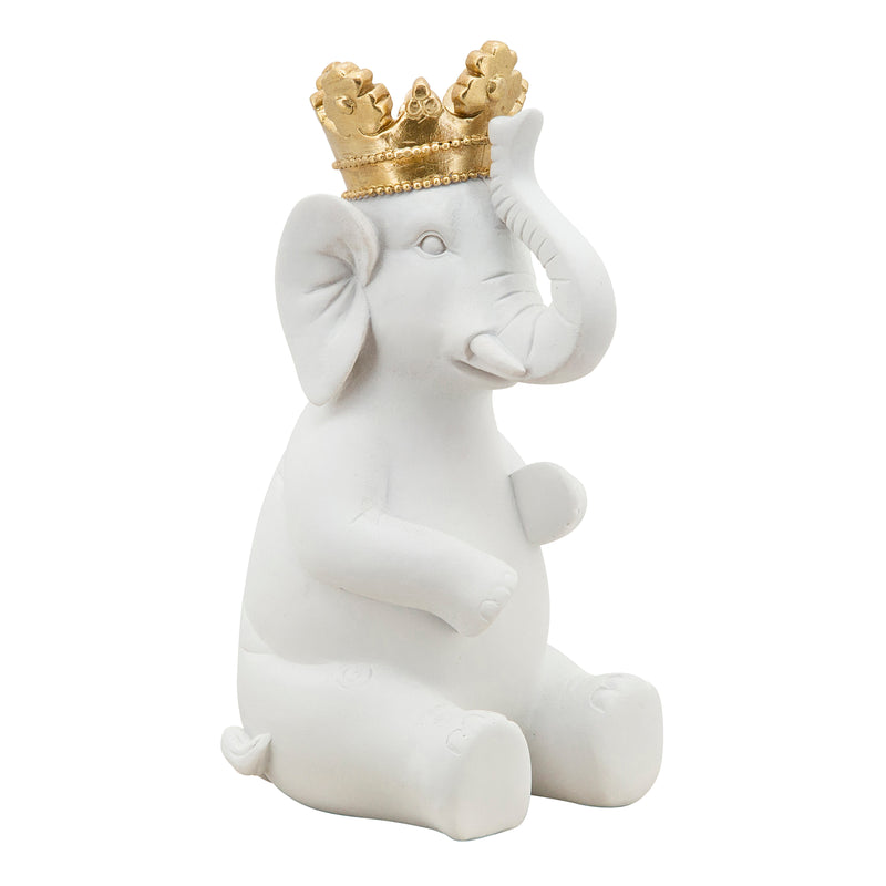 8 ELEPHANT W/ CROWN FIGURINE, WHITE/GOLD