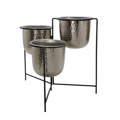 METAL 20 HAMMERED PLANTER TRIO W/ STAND, SILVER