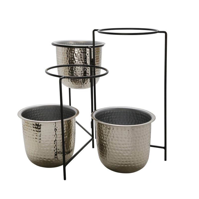 METAL 20 HAMMERED PLANTER TRIO W/ STAND, SILVER