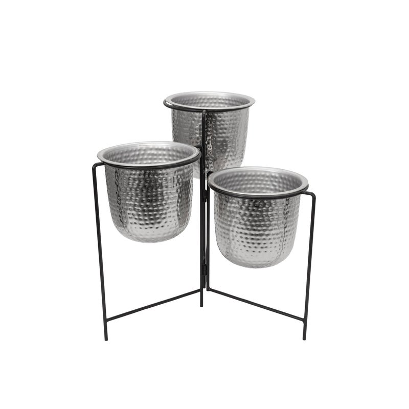 METAL 20 HAMMERED PLANTER TRIO W/ STAND, SILVER