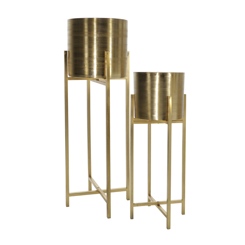 S/2 METAL 38/47 METAL PLANTER ON STAND, GOLD/GOLD