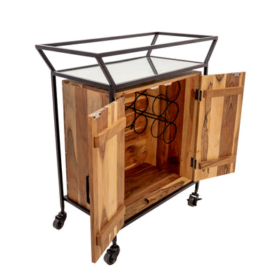 Metal/Wood 33H 2-Door Bar Cart W/ Mirror, Brown