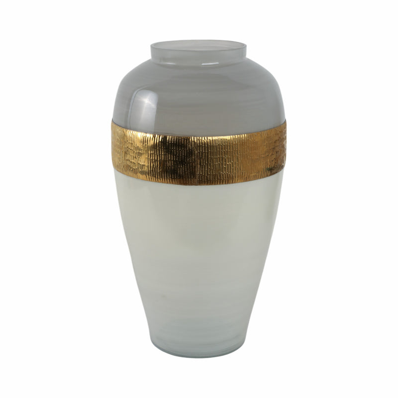 GLASS 21H GINGER VASE W/ BRASS BAND, WHITE