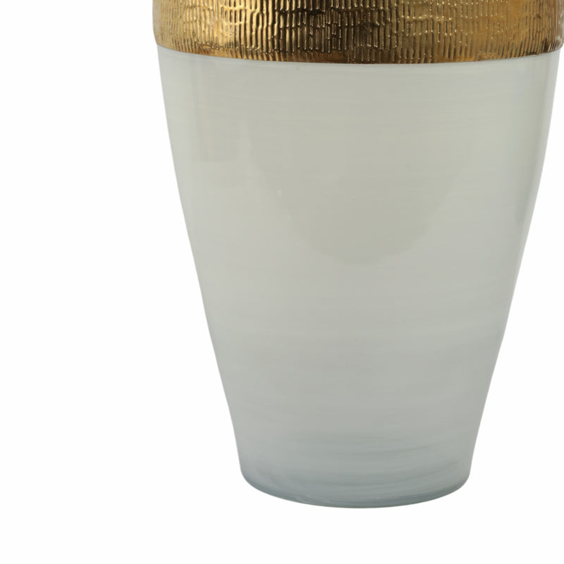 GLASS 21H GINGER VASE W/ BRASS BAND, WHITE