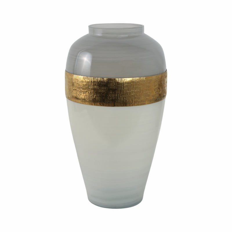 GLASS 21H GINGER VASE W/ BRASS BAND, WHITE