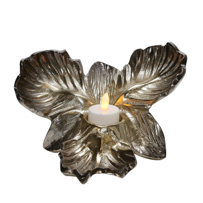 METAL 12 ORCHID TEALIGHT CANDLE HOLDER, GOLD