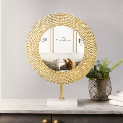 METAL 19 HAMMERED MIRROR ON STAND, GOLD