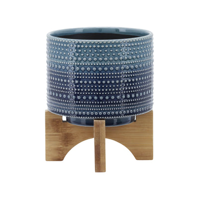 6 DOTTED PLANTER W/ WOOD STAND, BLUE