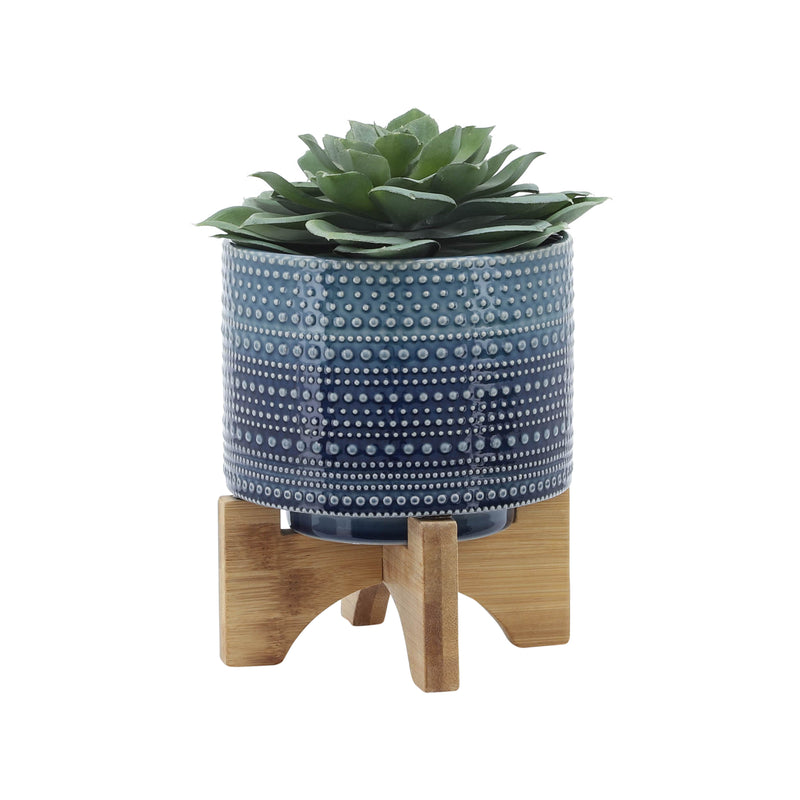 6 DOTTED PLANTER W/ WOOD STAND, BLUE