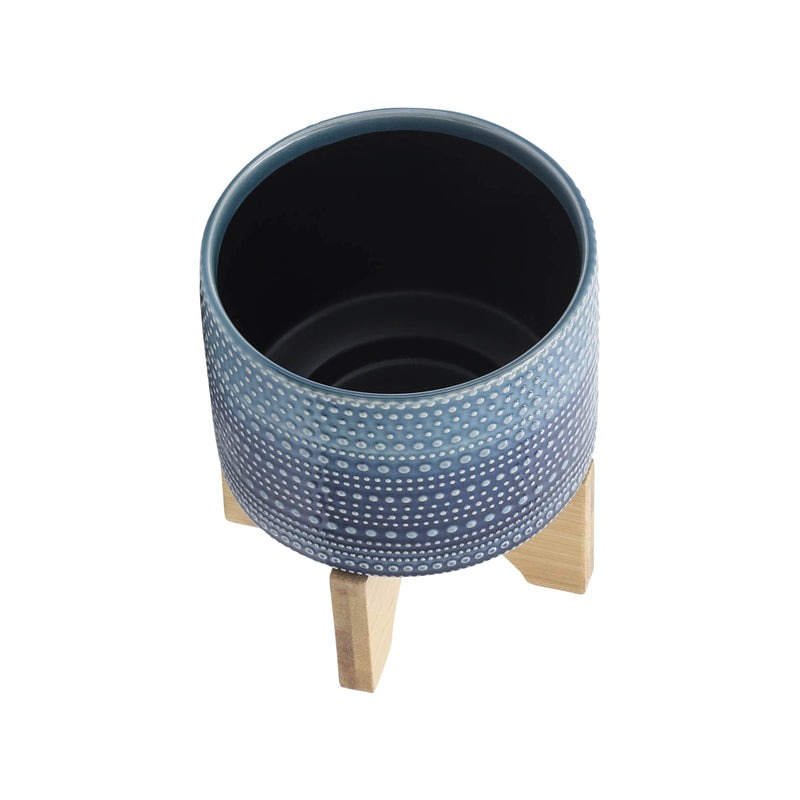 6 DOTTED PLANTER W/ WOOD STAND, BLUE