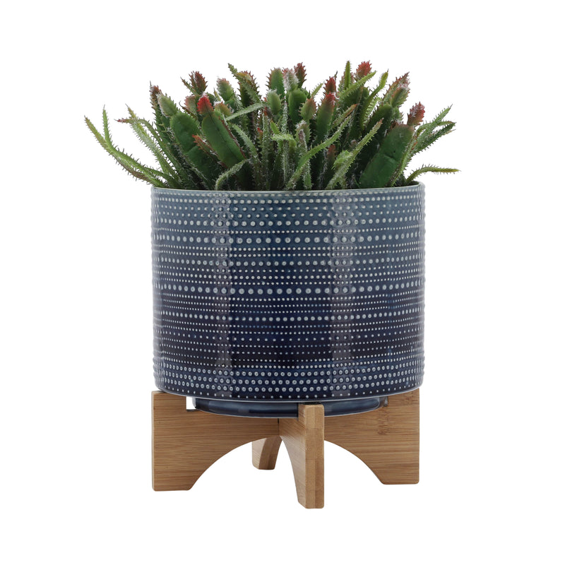 8 DOTTED PLANTER W/ WOOD STAND, BLUE