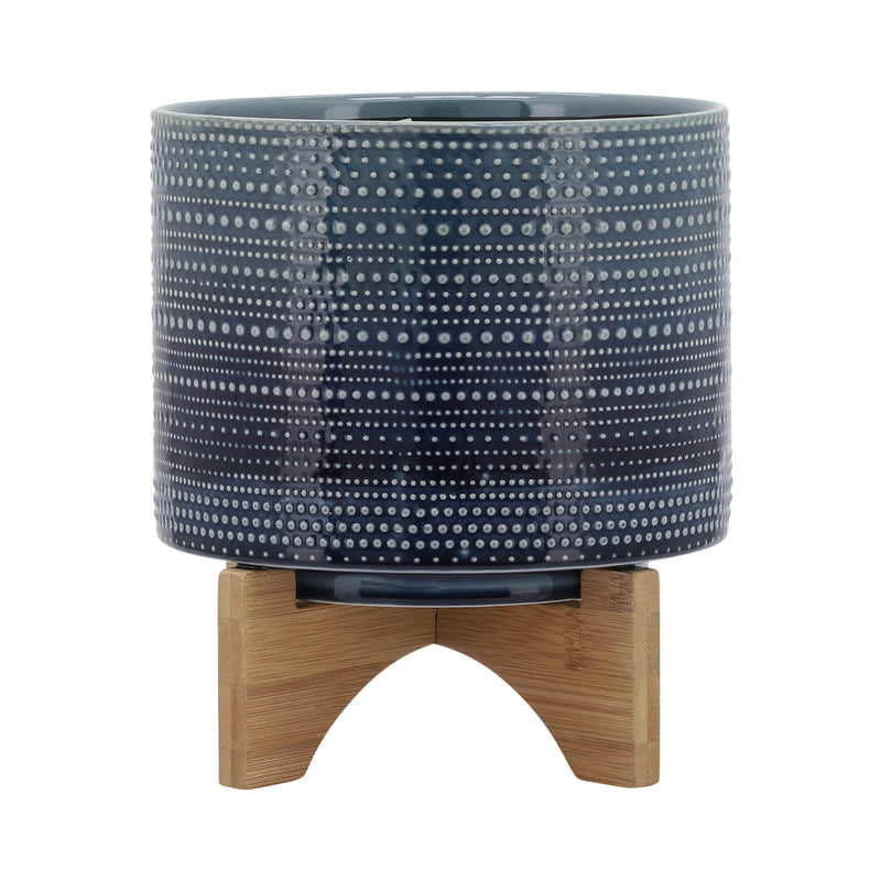 8 DOTTED PLANTER W/ WOOD STAND, BLUE