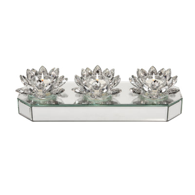 GLASS 13 3 LOTUS MIRRORED CANDLE HOLDER, SILVER